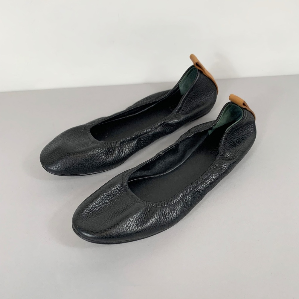 MERCEDES CASTILLO Black Leather Ballet Flats with Tan Heel Tab
